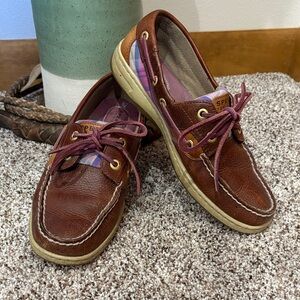 Sperry Women's Bluefish boat shoes featuring brown leather and purple plaid